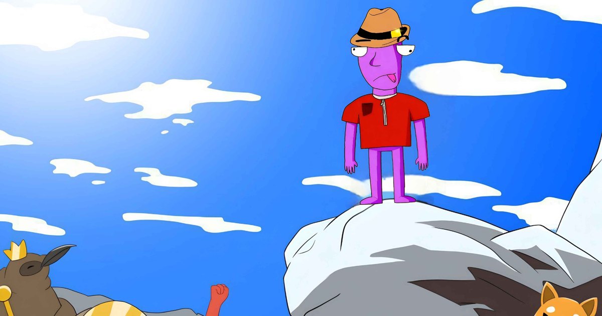 Derpy Dave standing alone on top of a snowy rock under a blue sky while a crowd of cartoon characters cheers below