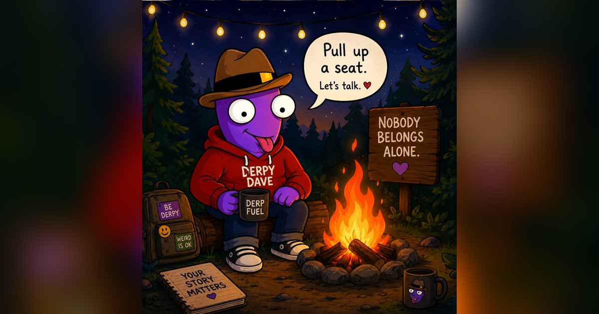 Derpy Dave in a red hoodie sitting by a campfire at night with a speech bubble that says Pull up a seat, next to a sign reading Nobody belongs alone