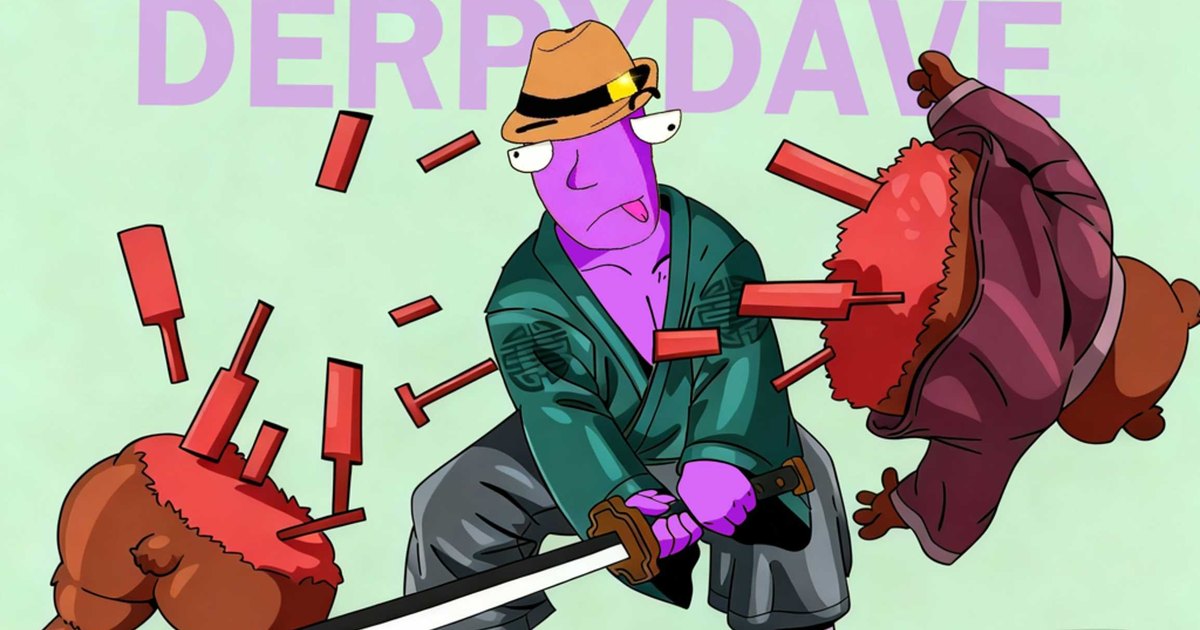 Derpy Dave in a green kimono swinging a sword between two cartoon bears, with DERPYDAVE in large letters behind him