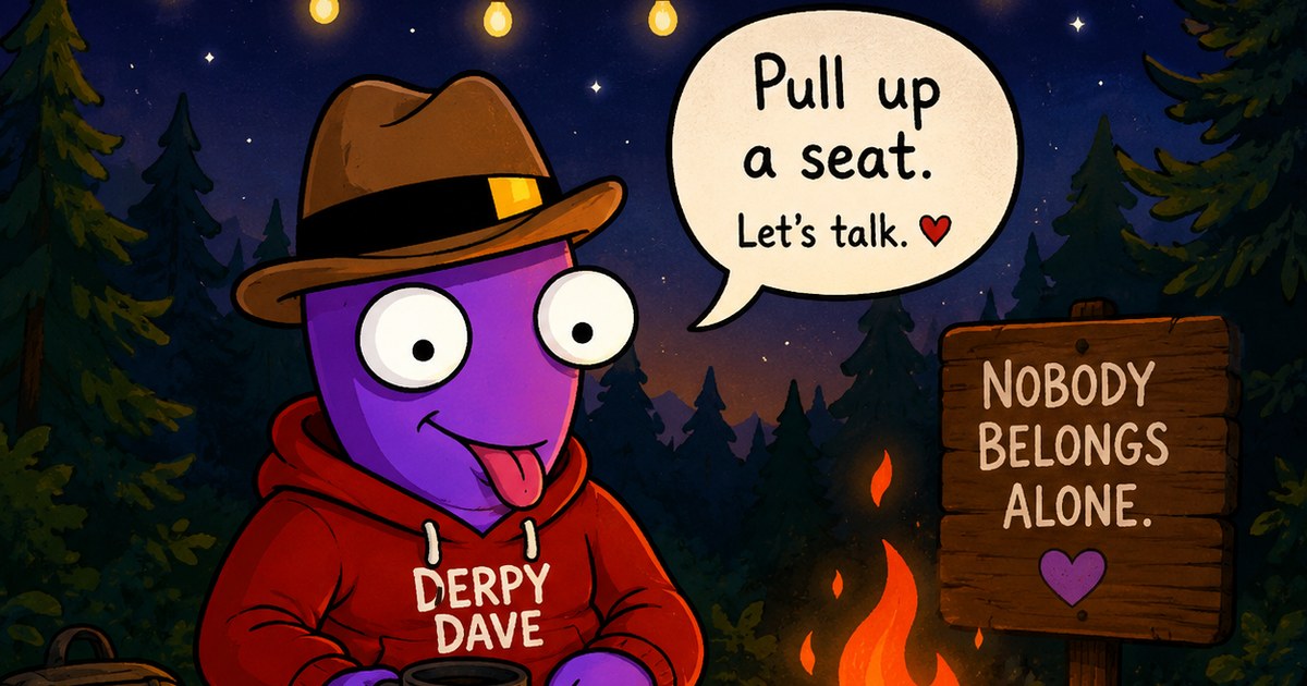 Derpy Dave in a red hoodie and brown hat at a nighttime campfire, with a speech bubble that says Pull up a seat. Let's talk., next to a wooden sign reading Nobody belongs alone