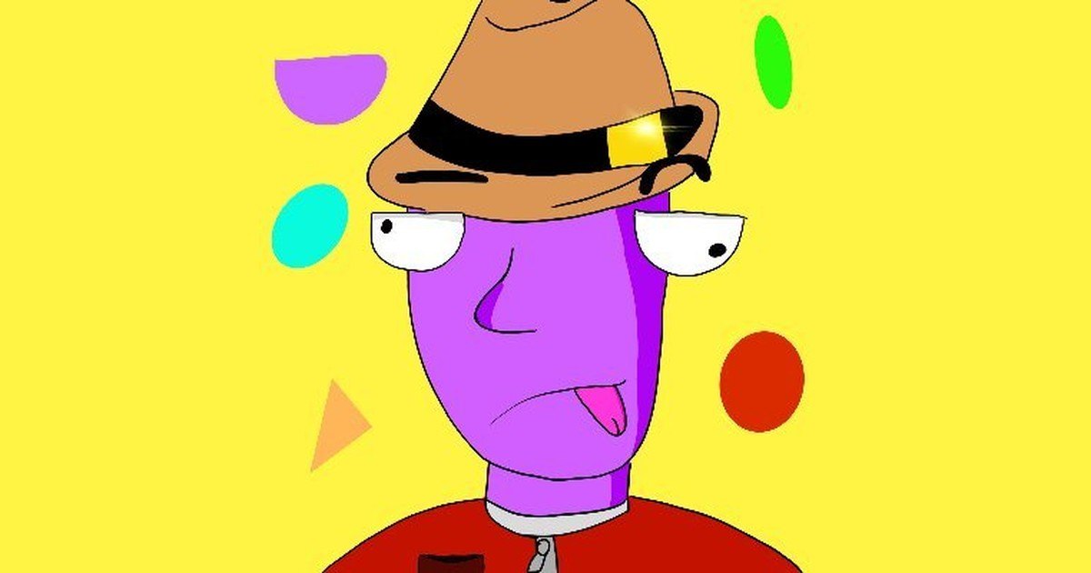 Hand-drawn Derpy Dave with his tongue out and a brown hat, looking unbothered on a bright yellow background