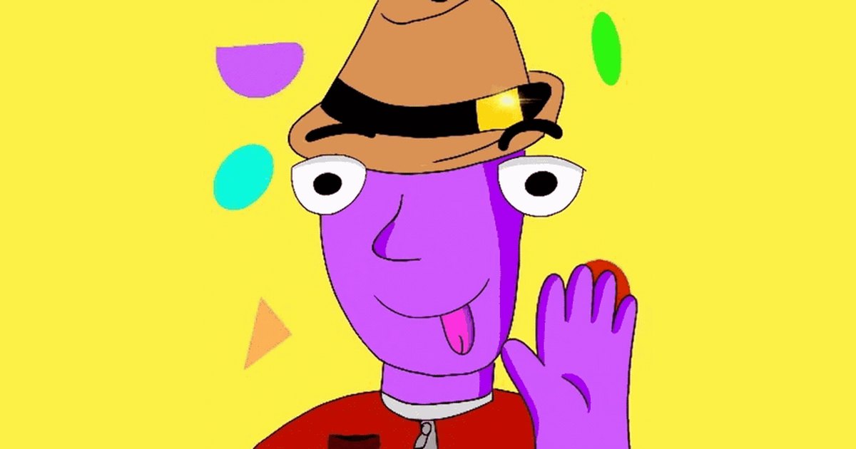 Hand-drawn Derpy Dave in his brown hat smiling and waving on a yellow background